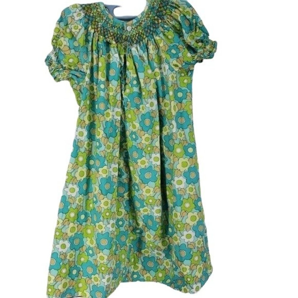 Boutique‎ Smockadot Girls Green and Blue Floral Dress Size 4T